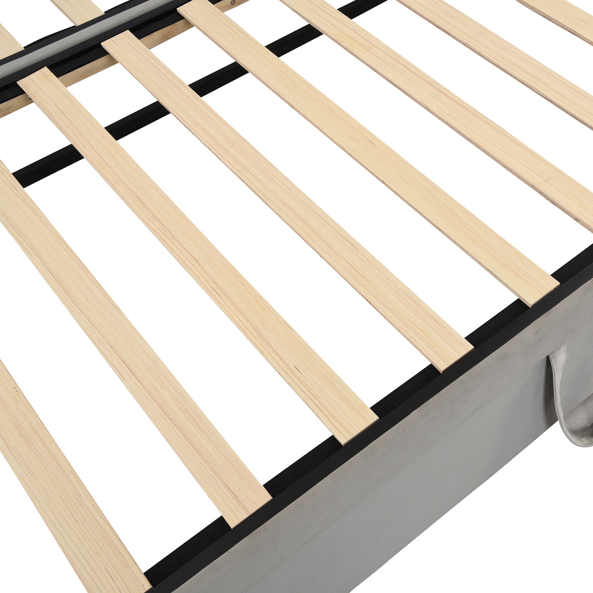 Wooden slat bed frame with grey upholstered base