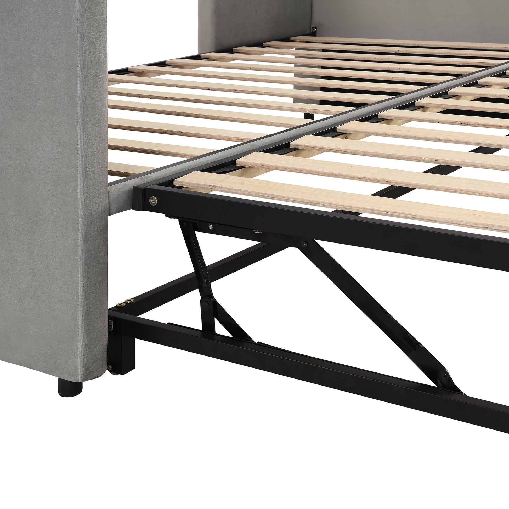 Gray upholstered bed frame with wooden slats and black metal support