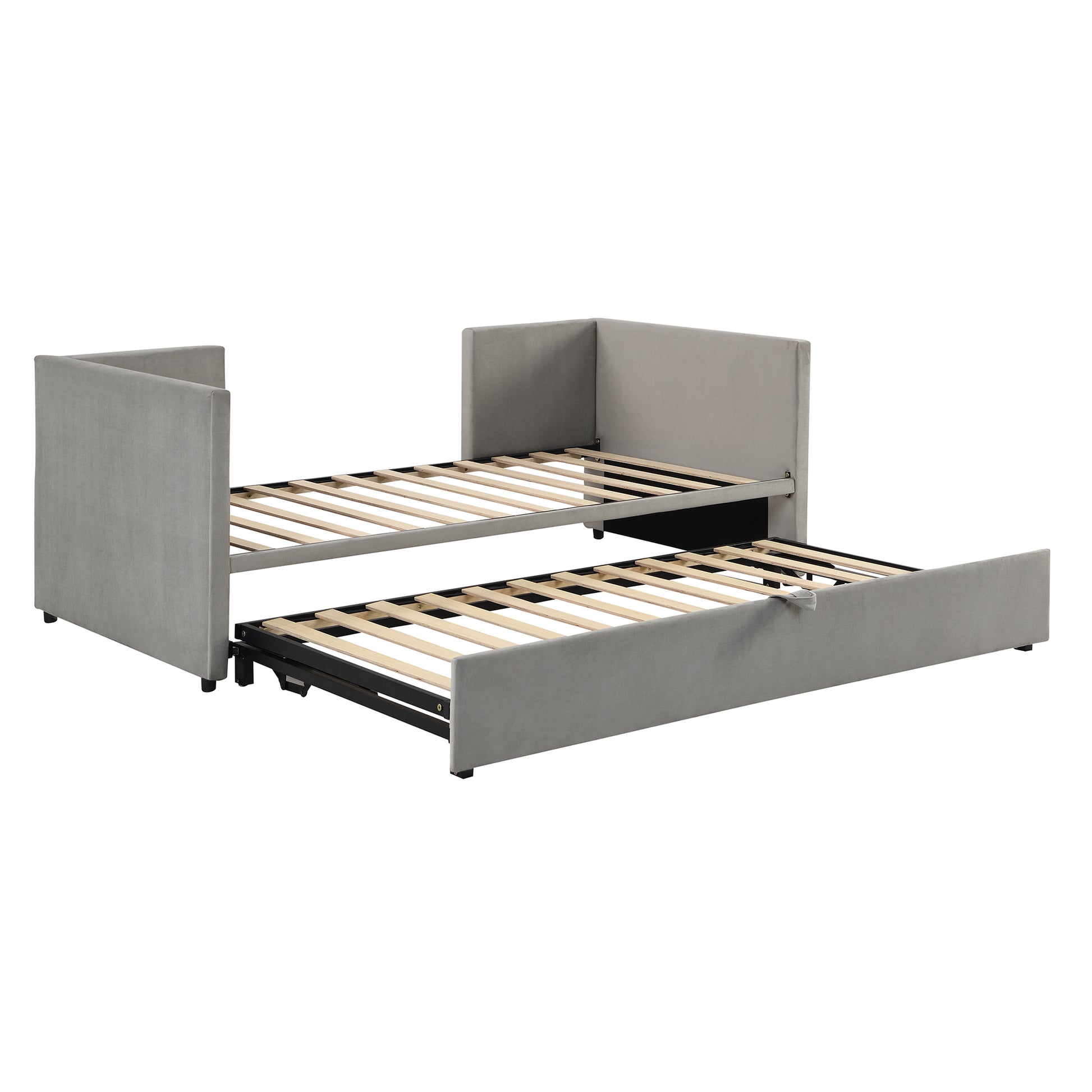 Grey velvet daybed with a pullout trundle
