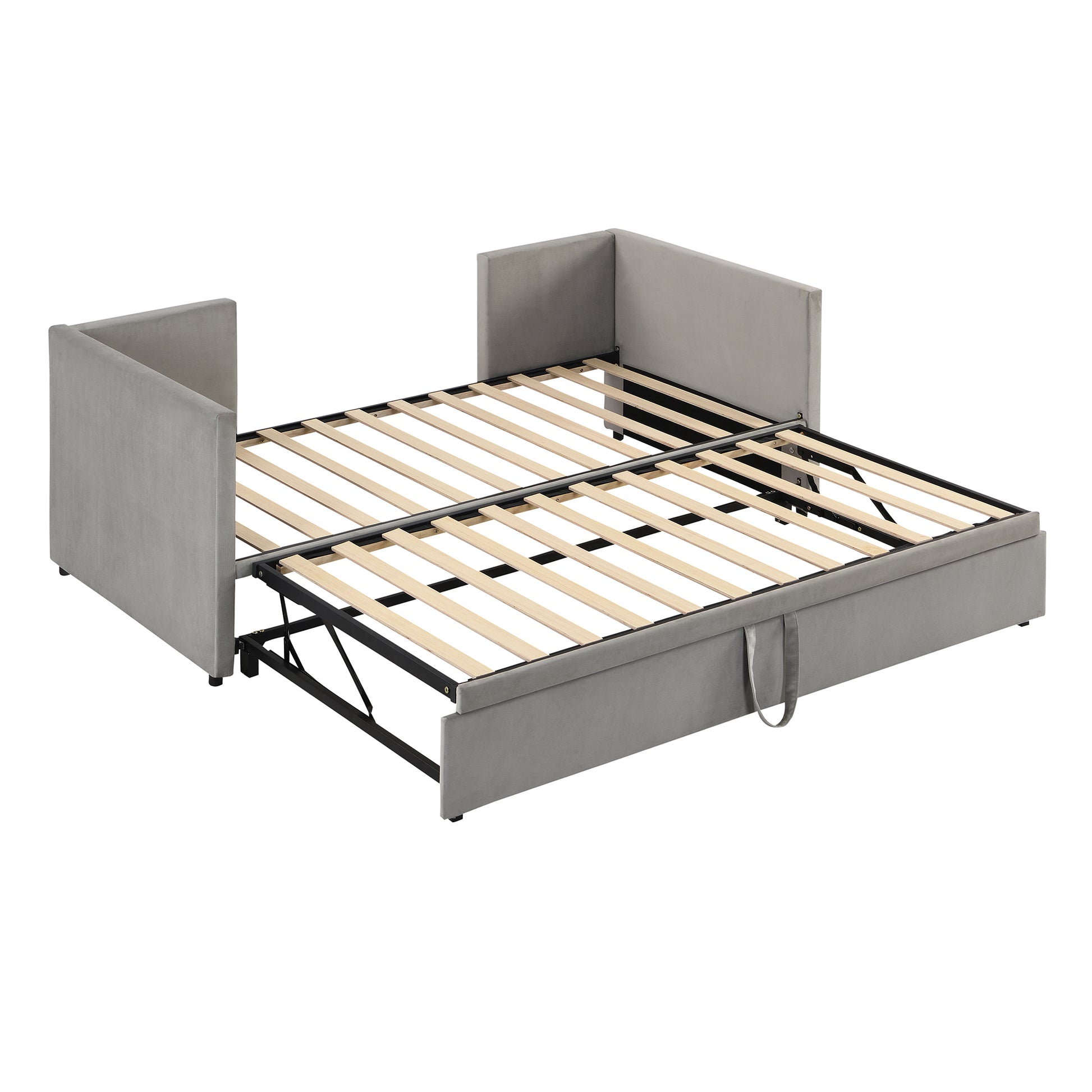 Grey velvet sofa bed with pullout mattress frame