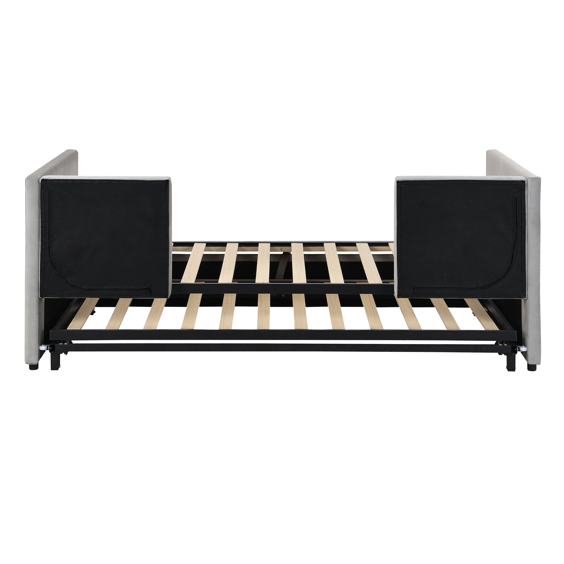 Light gray upholstered sofa bed frame with visible wooden slats for mattress support