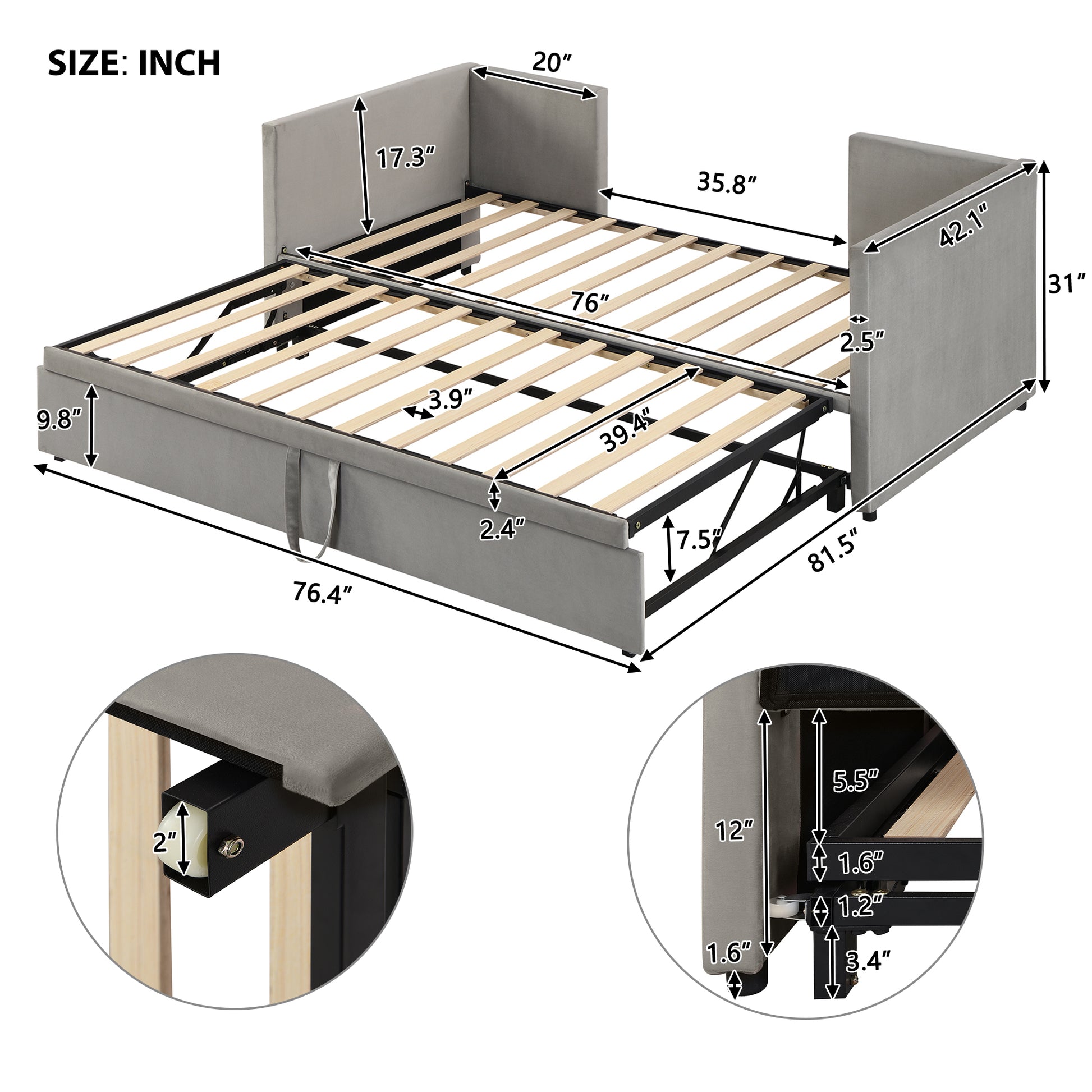 Gray velvet sofa bed frame with detailed dimensions shown