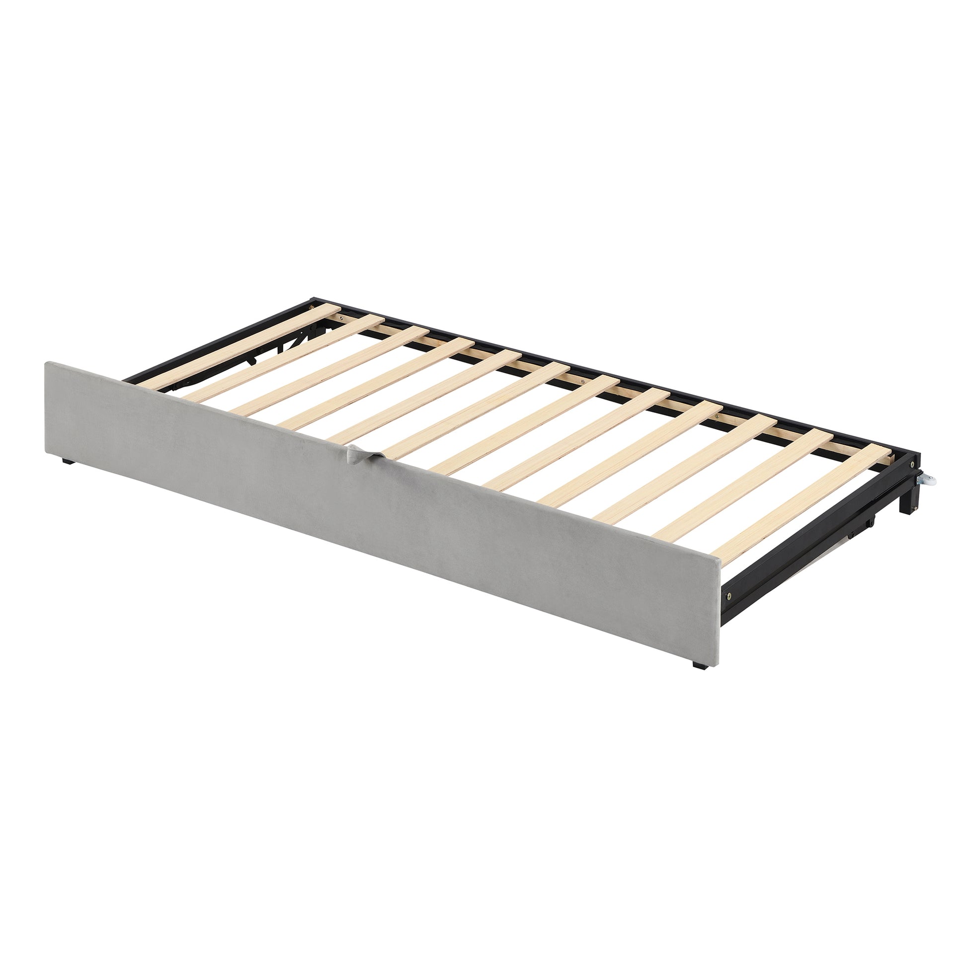 Grey upholstered trundle bed frame with wooden slats and black metal supports