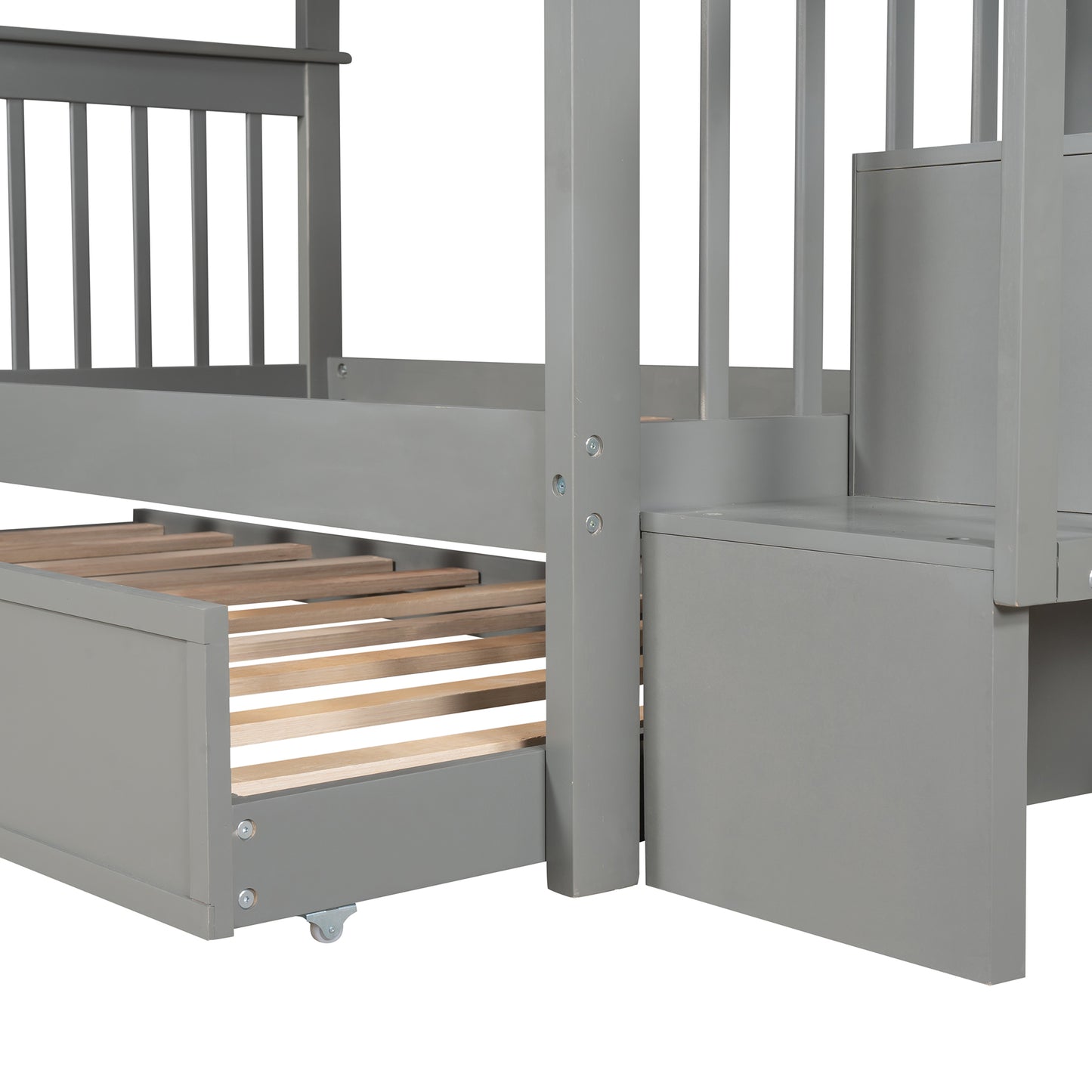 Gray wooden bunk bed with exposed slats and pullout drawer on casters