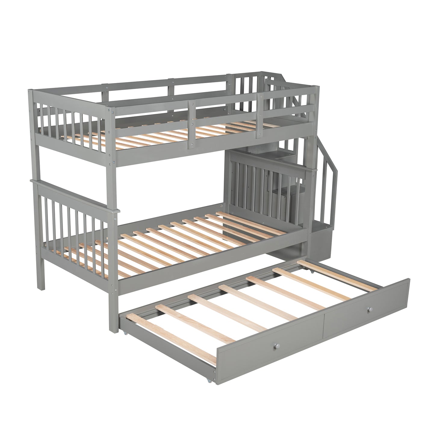 Grey wood triple bunk bed with stairs and trundle