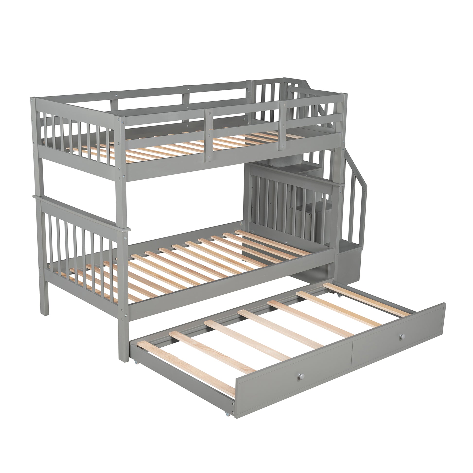 Grey wood triple bunk bed with stairs and trundle