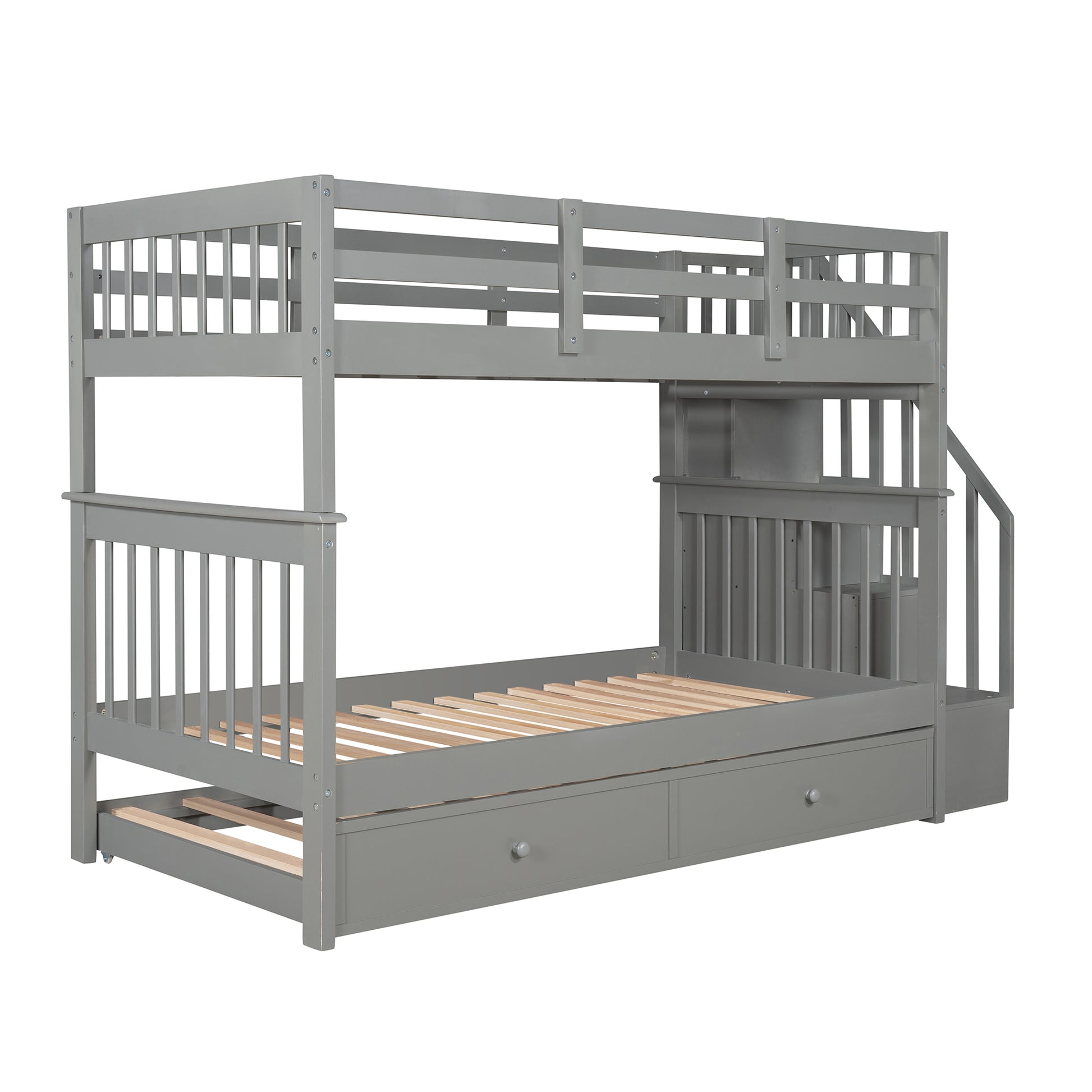 Grey wooden triple bunk bed with stairs and storage drawers
