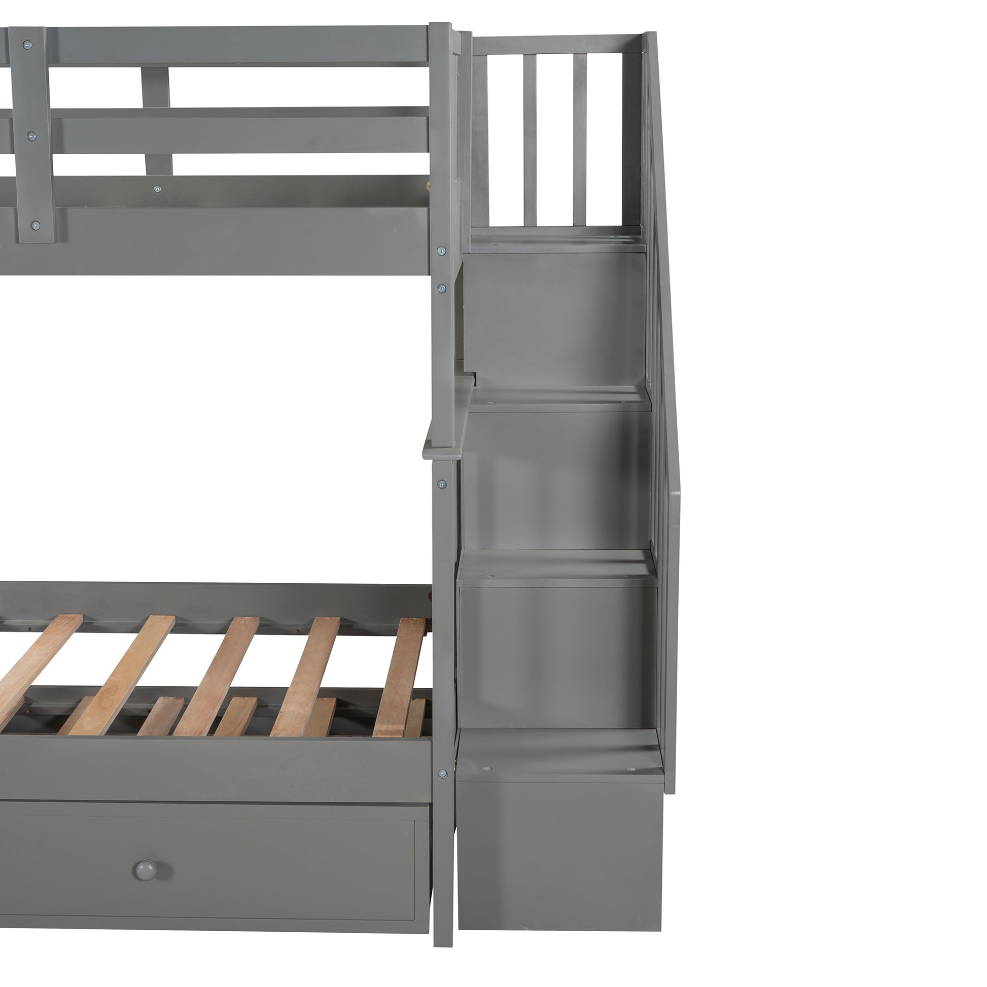 Gray wooden bunk bed with integrated stairs and storage drawer