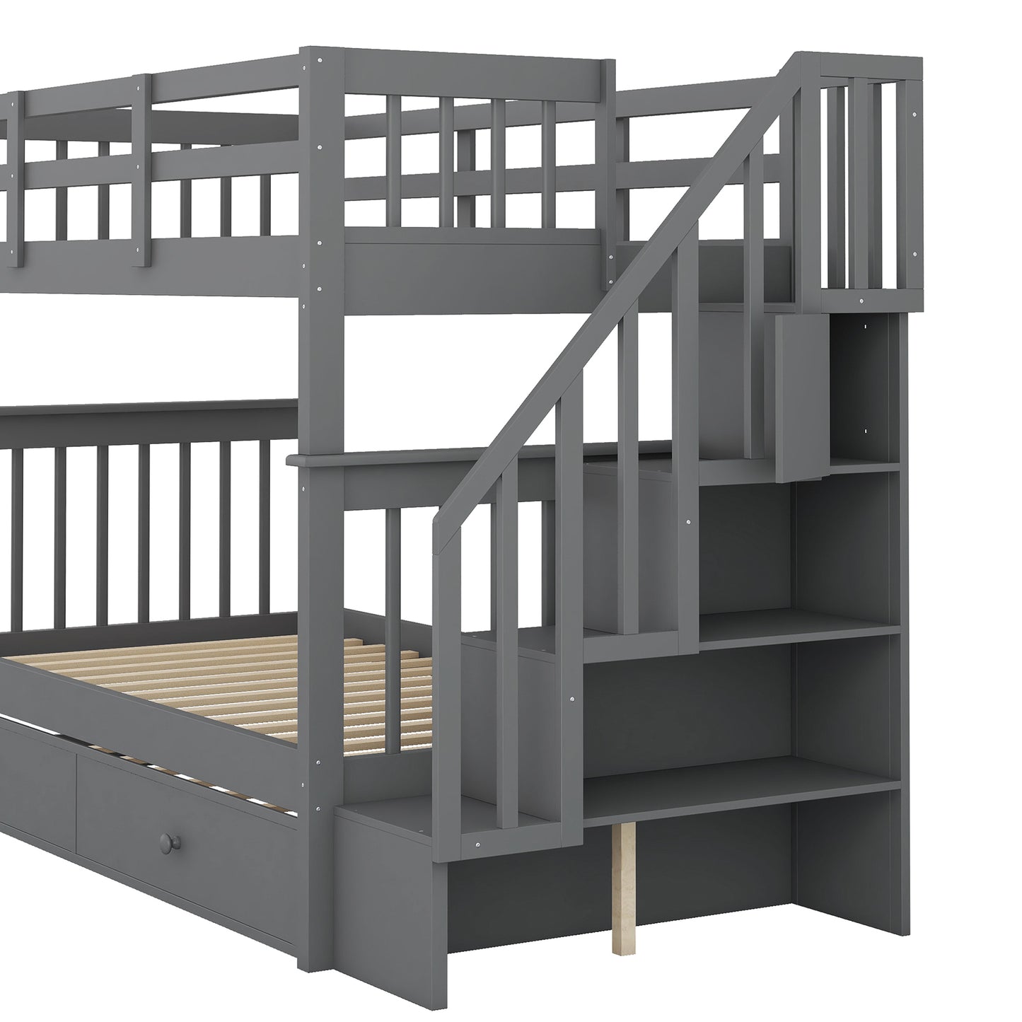 Gray wooden bunk bed with integrated storage stairs for kids