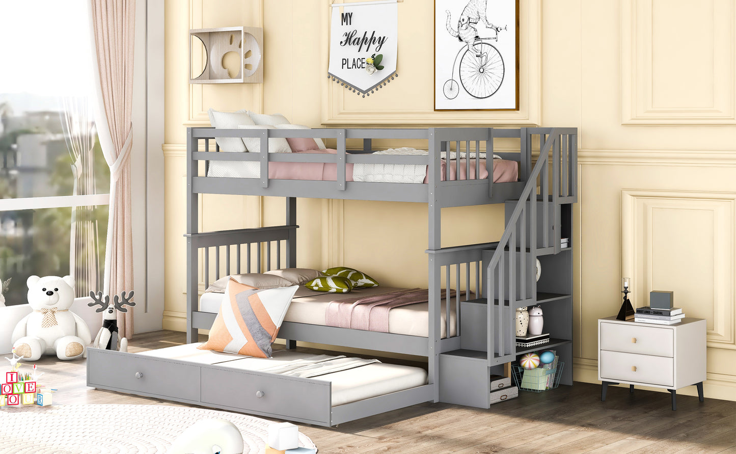 Gray twin over twin bunk bed with staircase and storage drawers