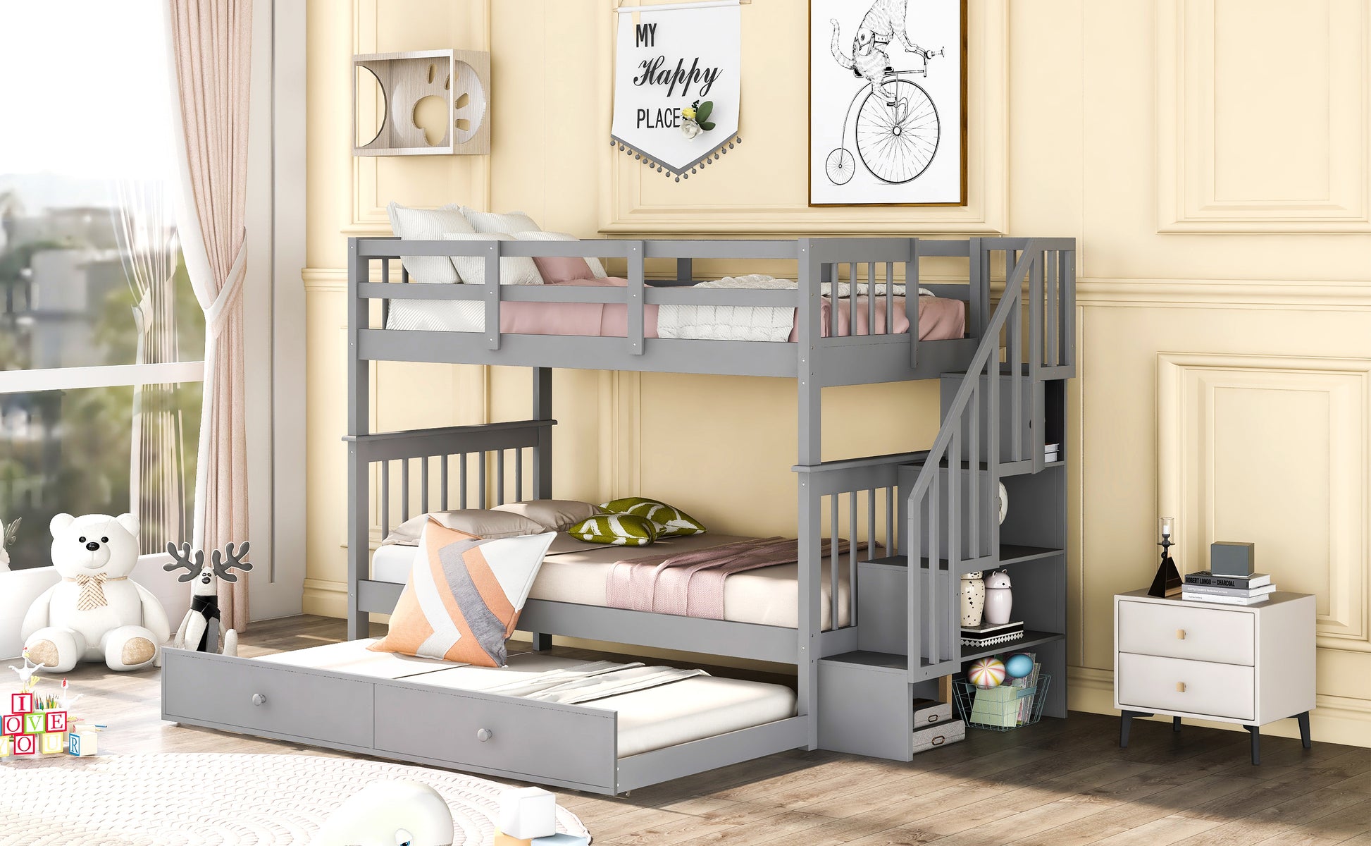 Gray twin over twin bunk bed with staircase and storage drawers