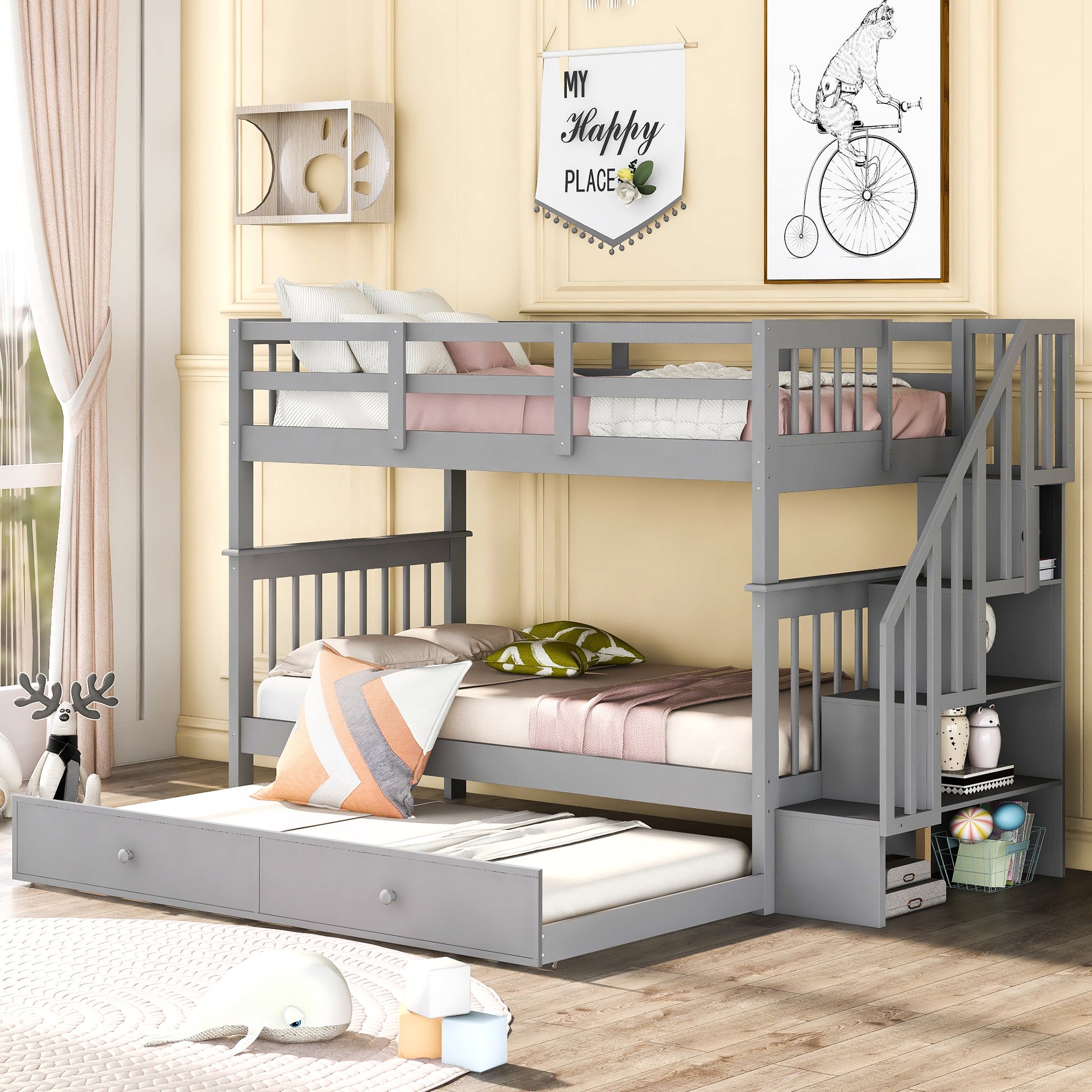 Gray wooden bunk bed with stairs and pullout trundle