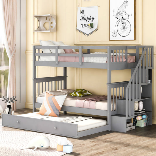 Gray wooden bunk bed with stairs and pullout trundle