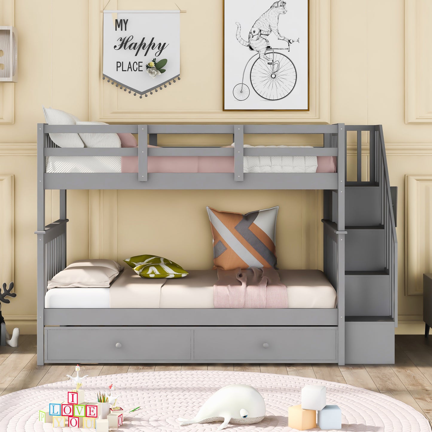 Gray wooden bunk bed with pullout trundle