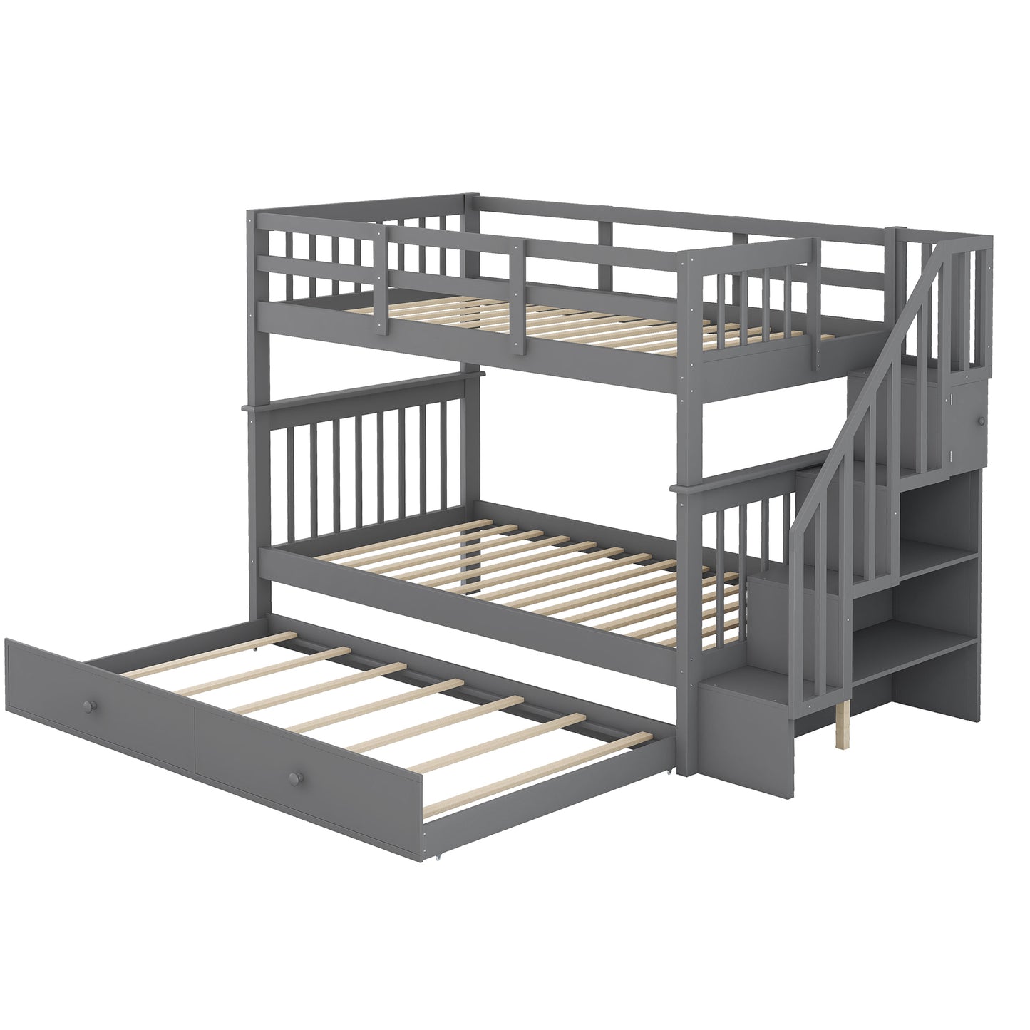 Gray wooden bunk bed with staircase and pullout trundle for kids