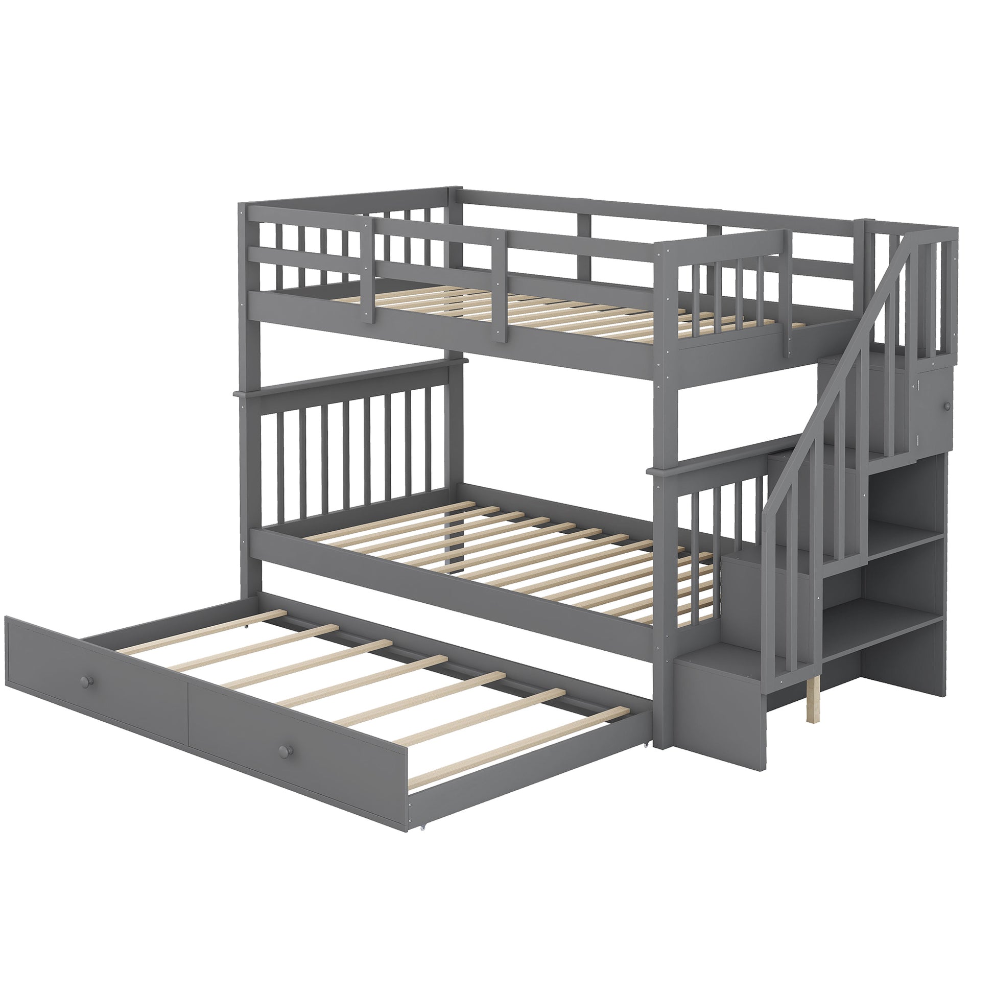 Gray wooden bunk bed with staircase and pullout trundle for kids