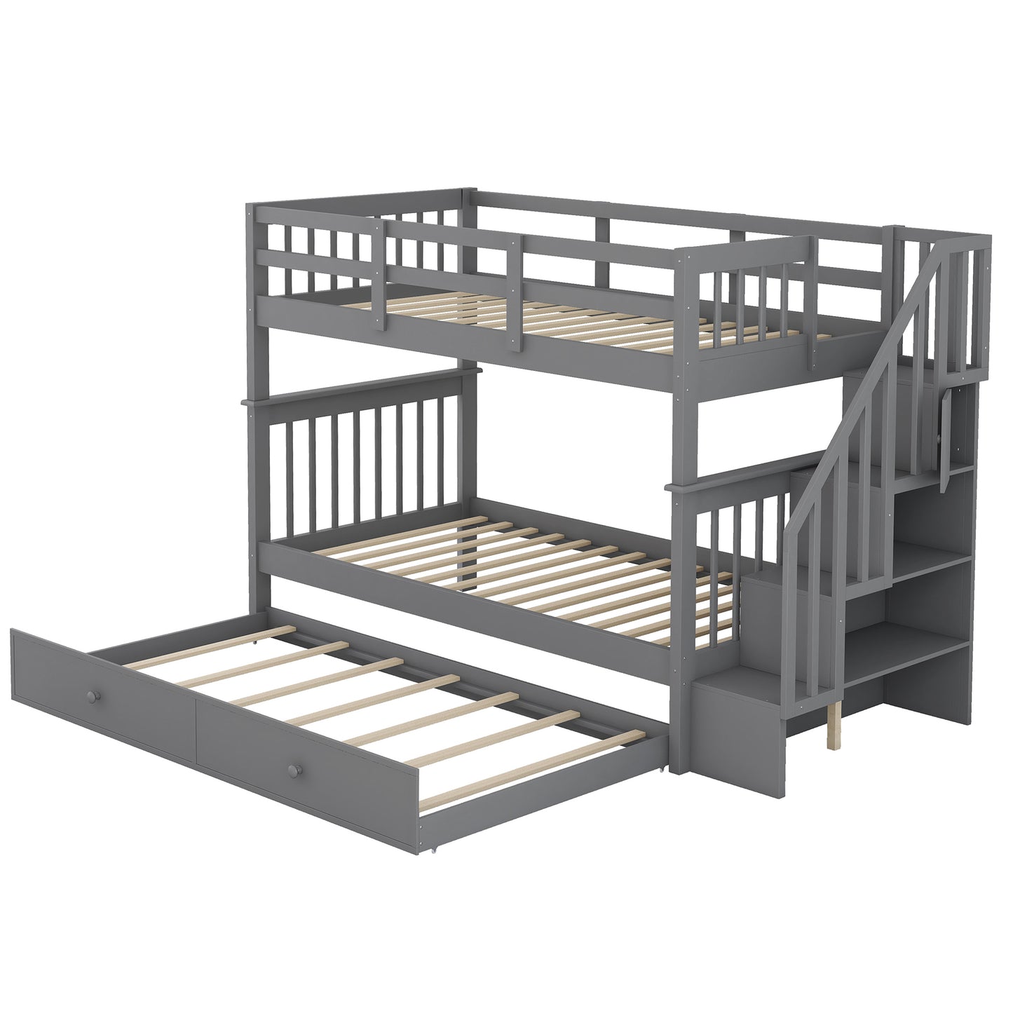 Gray wood triple bunk bed with integrated stairs and trundle
