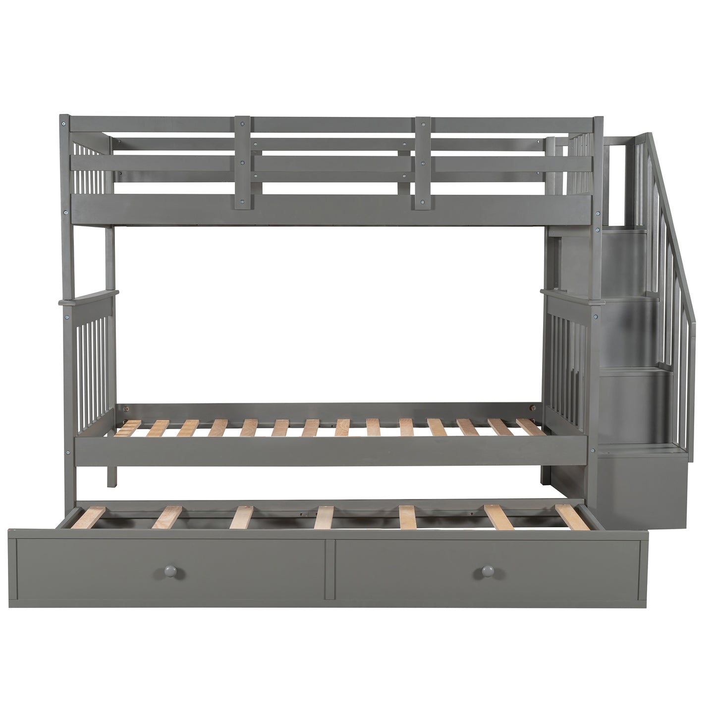 Grey wooden bunk bed with stairs and trundle