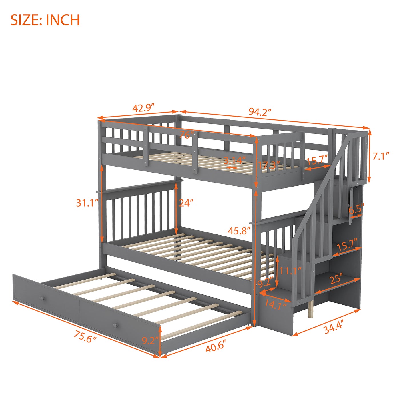 Gray triple bunk bed with trundle and stairs