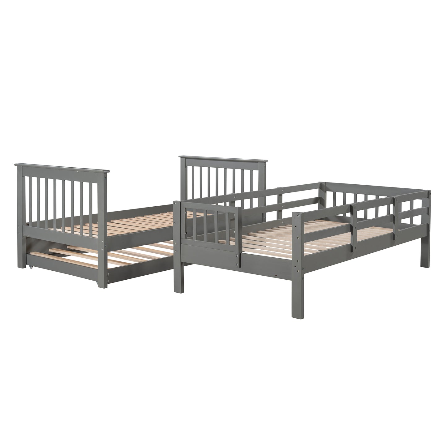 Gray wooden twin bed with guardrails and slatted base