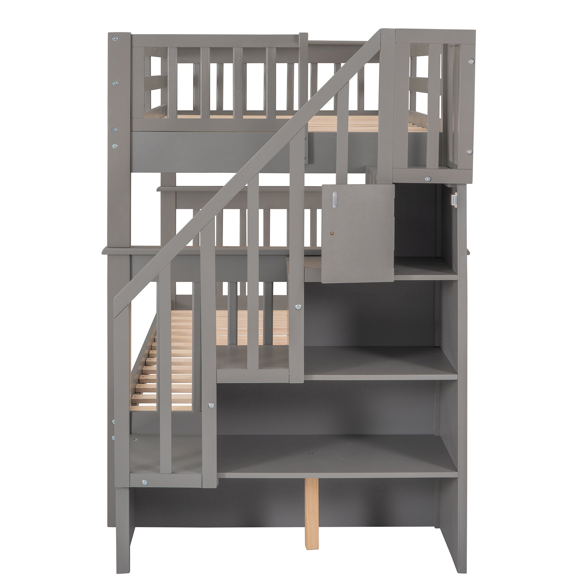 Gray wooden bunk bed with integrated storage shelves and a staircase