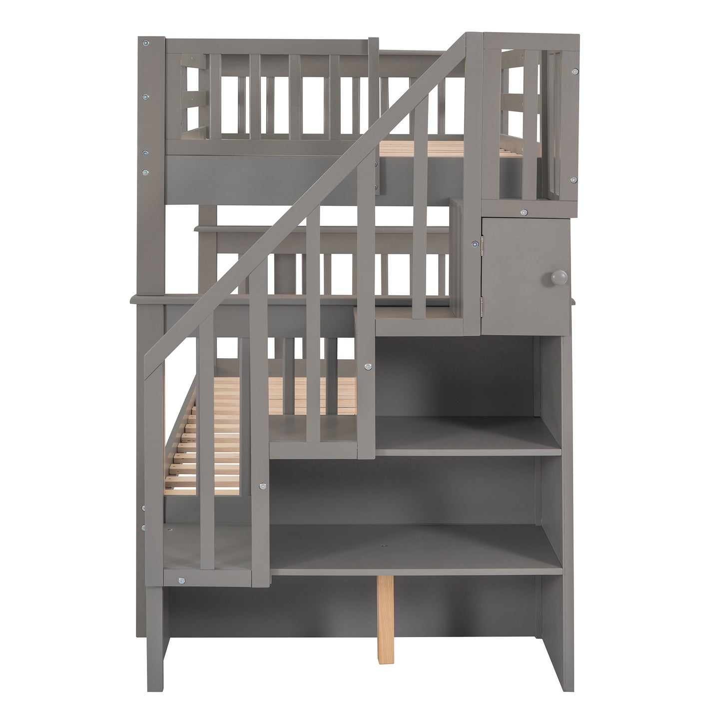Gray wooden bunk bed with stairs and storage shelves