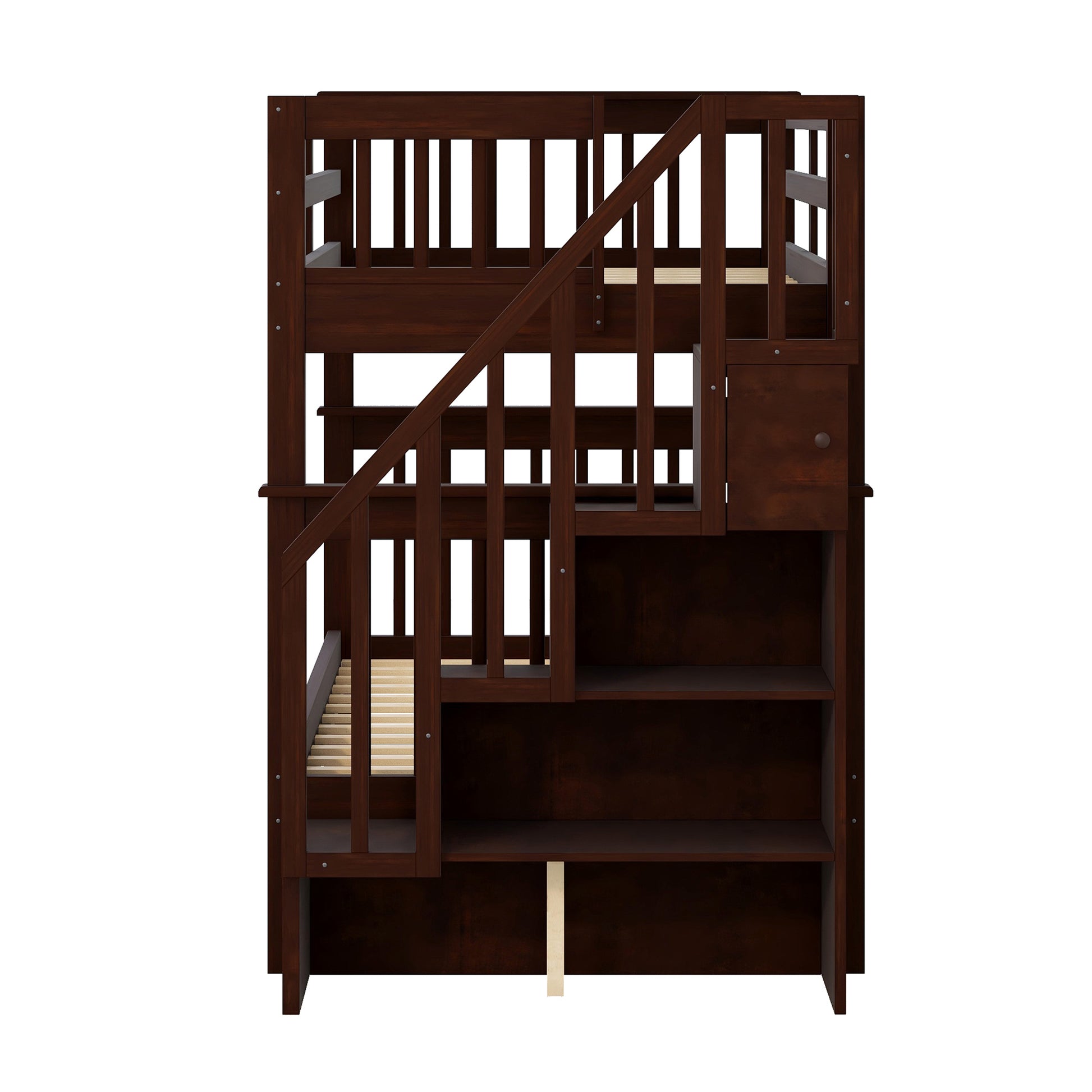 Dark wood bunk bed with stairs and integrated shelving