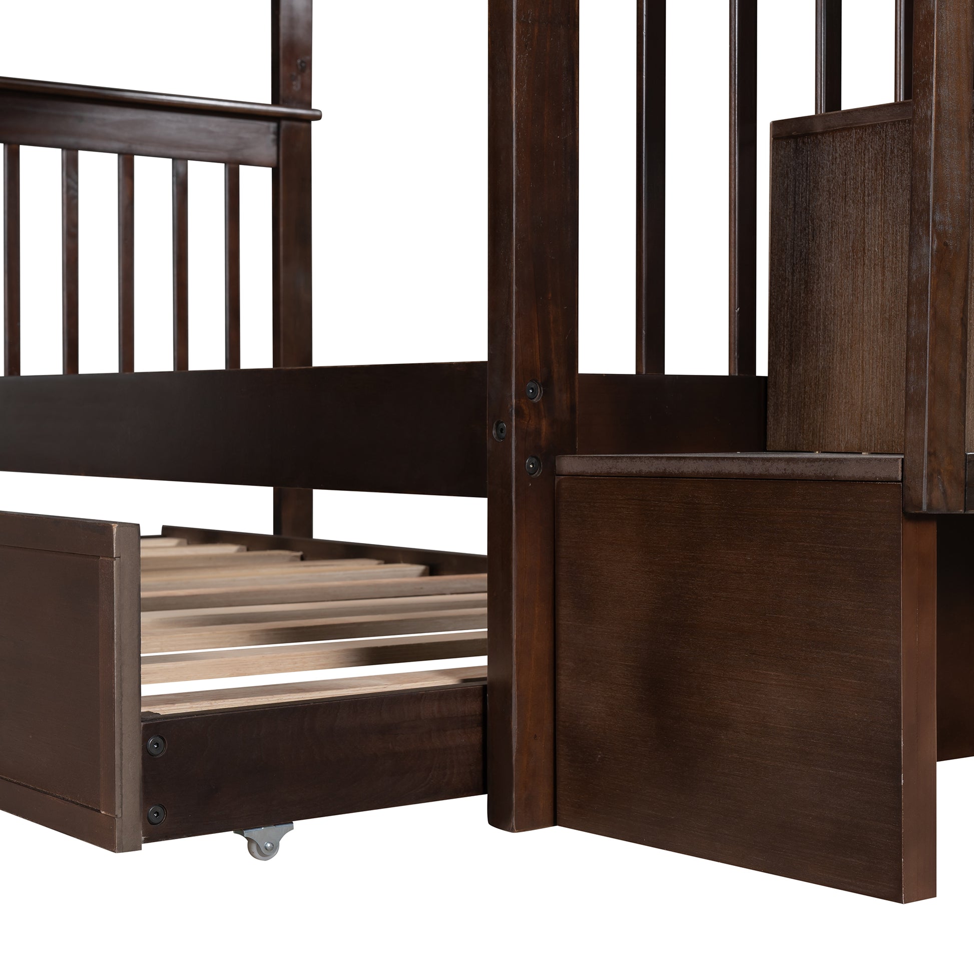 Dark brown wooden bunk bed frame with exposed slats and side panel