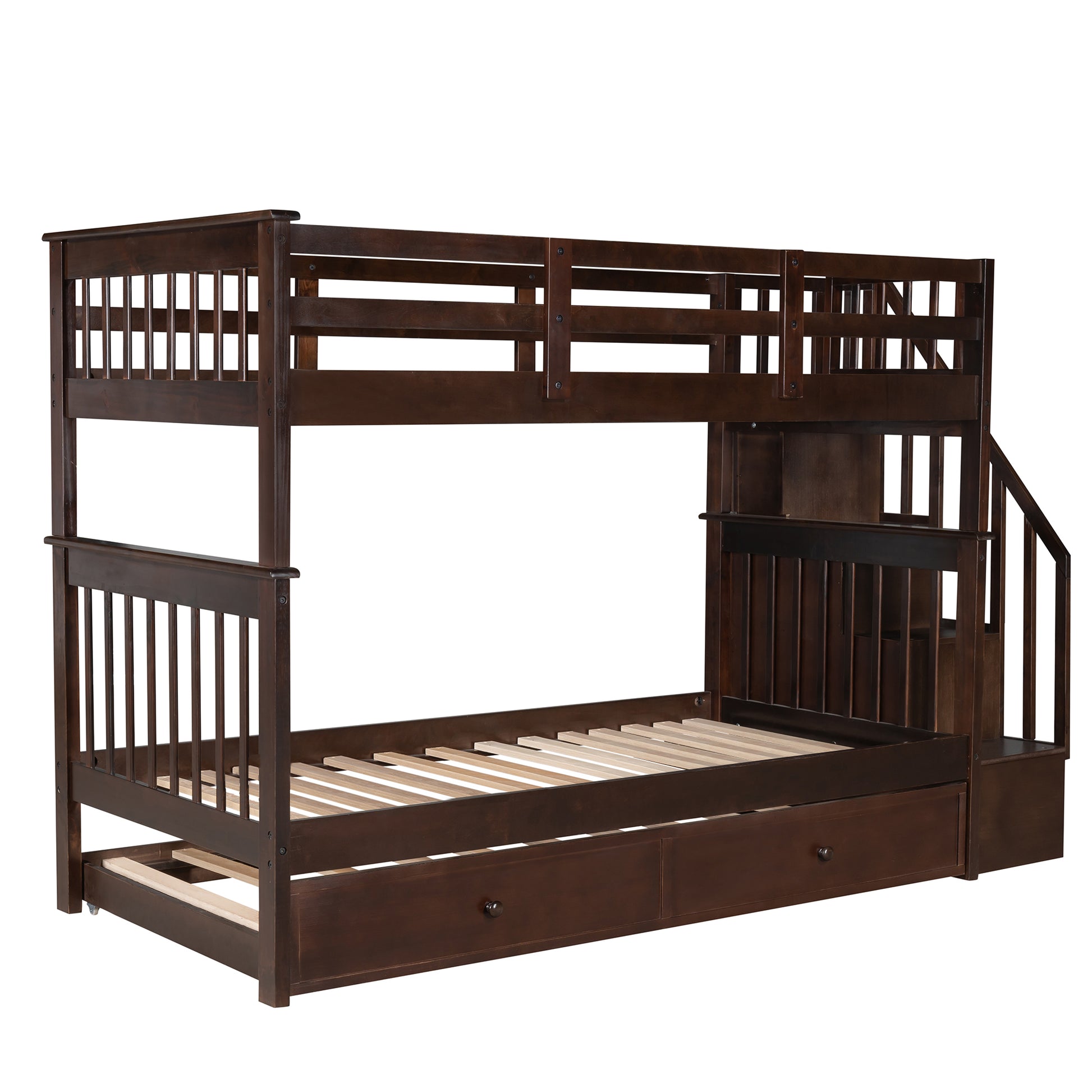 Dark brown wooden bunk bed with stairs and storage drawers