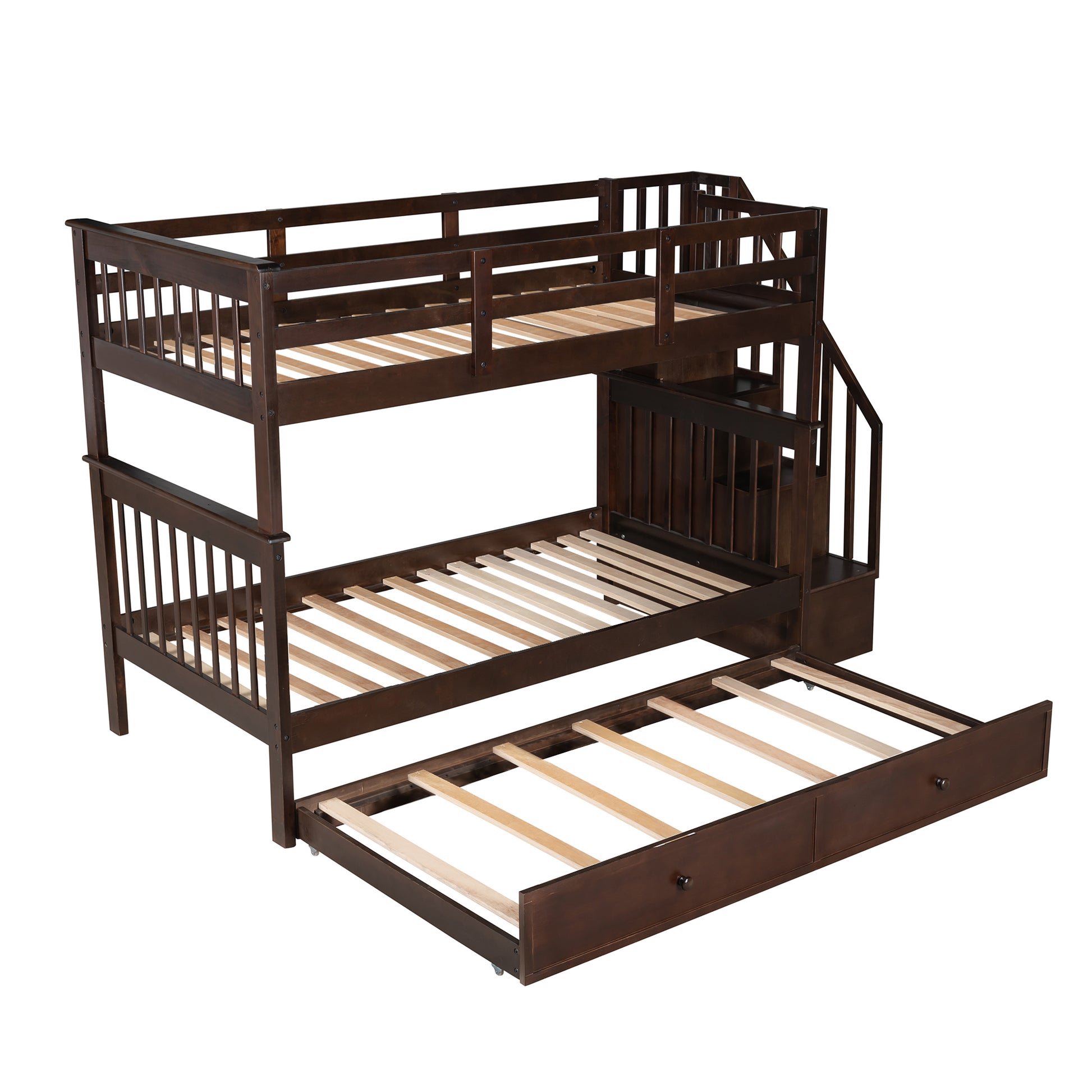 Dark brown wooden triple bunk bed with staircase and pullout trundle