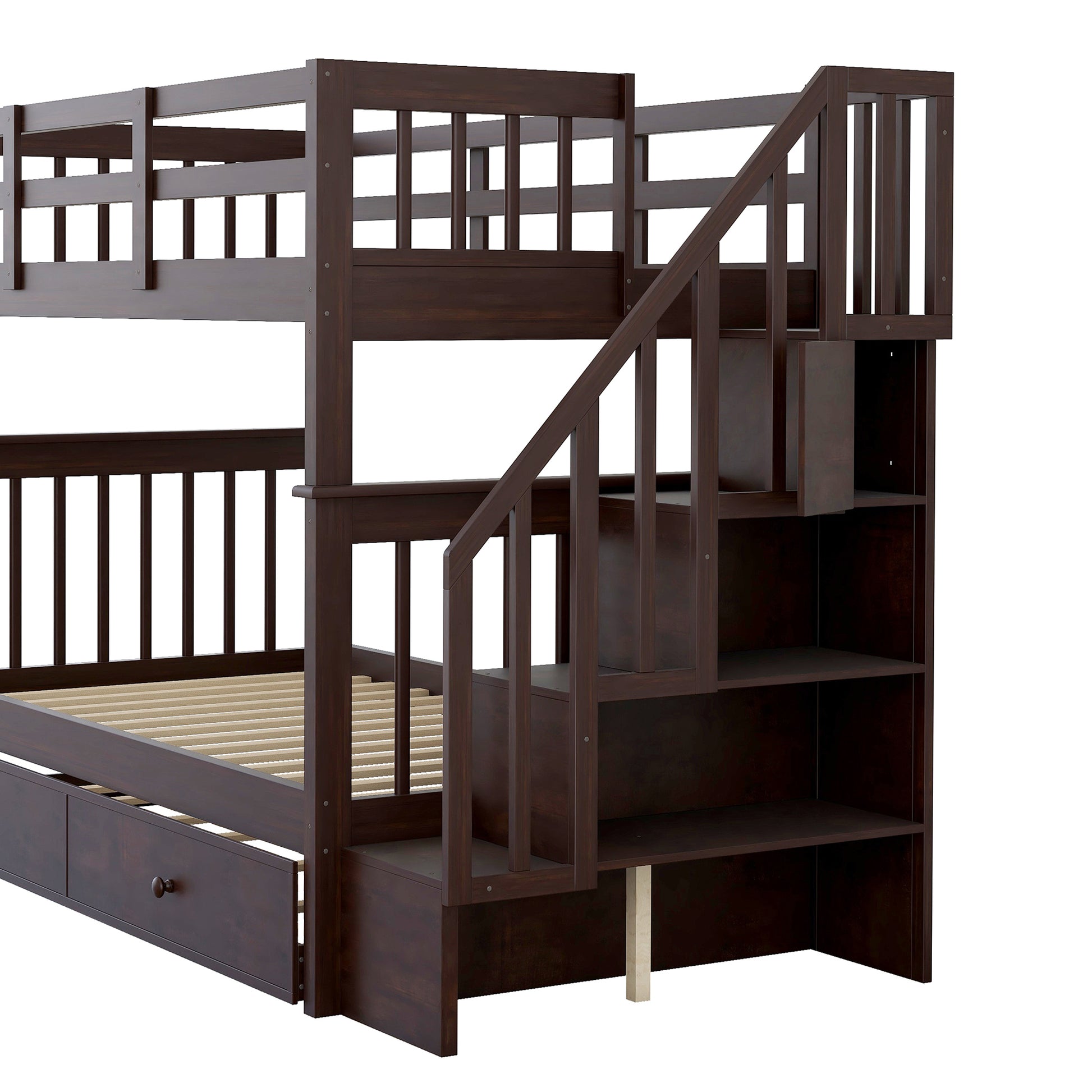 Dark brown wooden bunk bed with stairs and builtin storage shelves