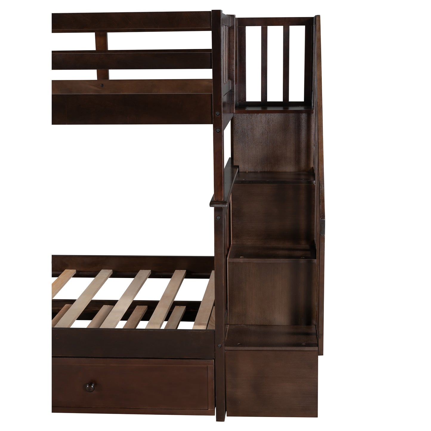 Dark brown wooden bunk bed with builtin storage stairs