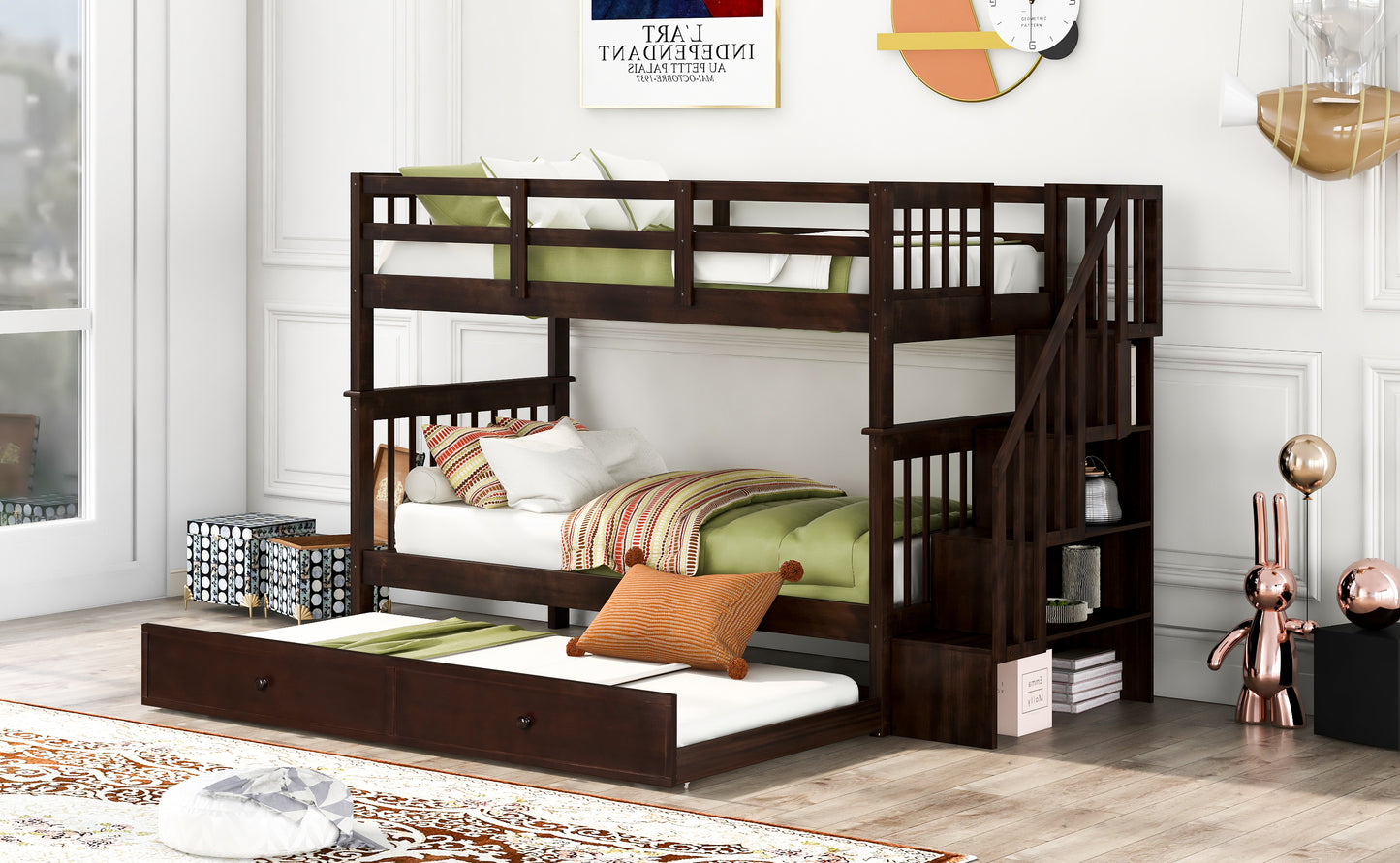 Dark wood triple bunk bed with stairs and trundle