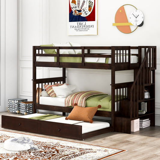Dark brown wood twin over twin bunk bed with trundle and stairs