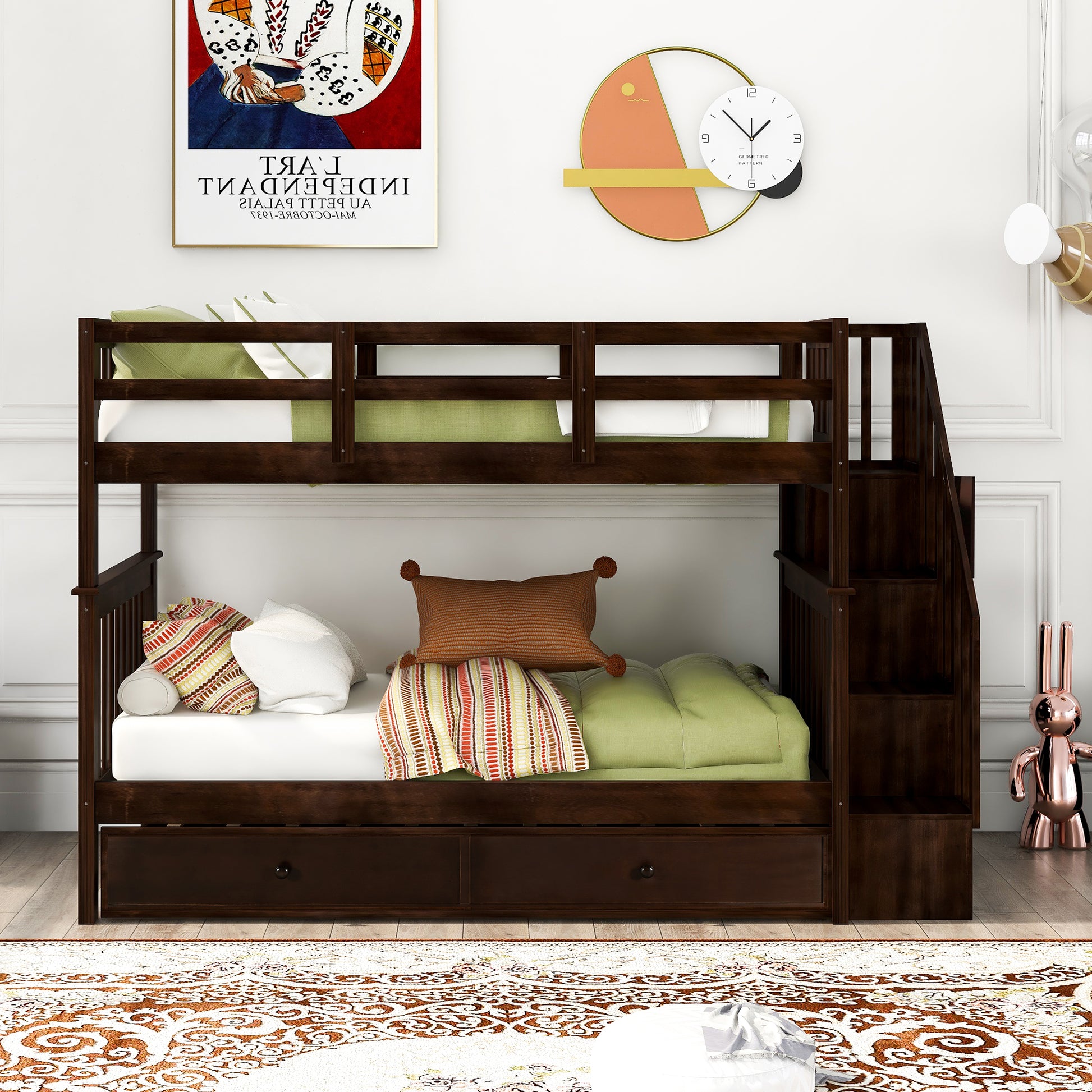 Dark wood triple bunk bed with storage drawers and stairs