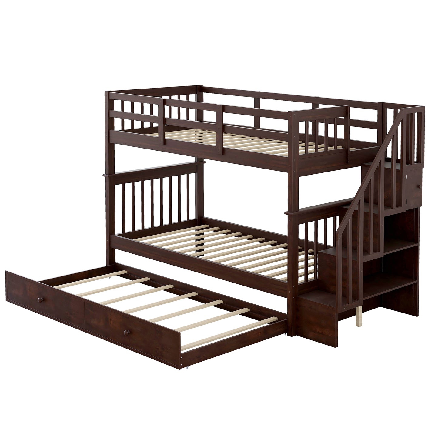 Dark brown wooden triple bunk bed with stairs and trundle