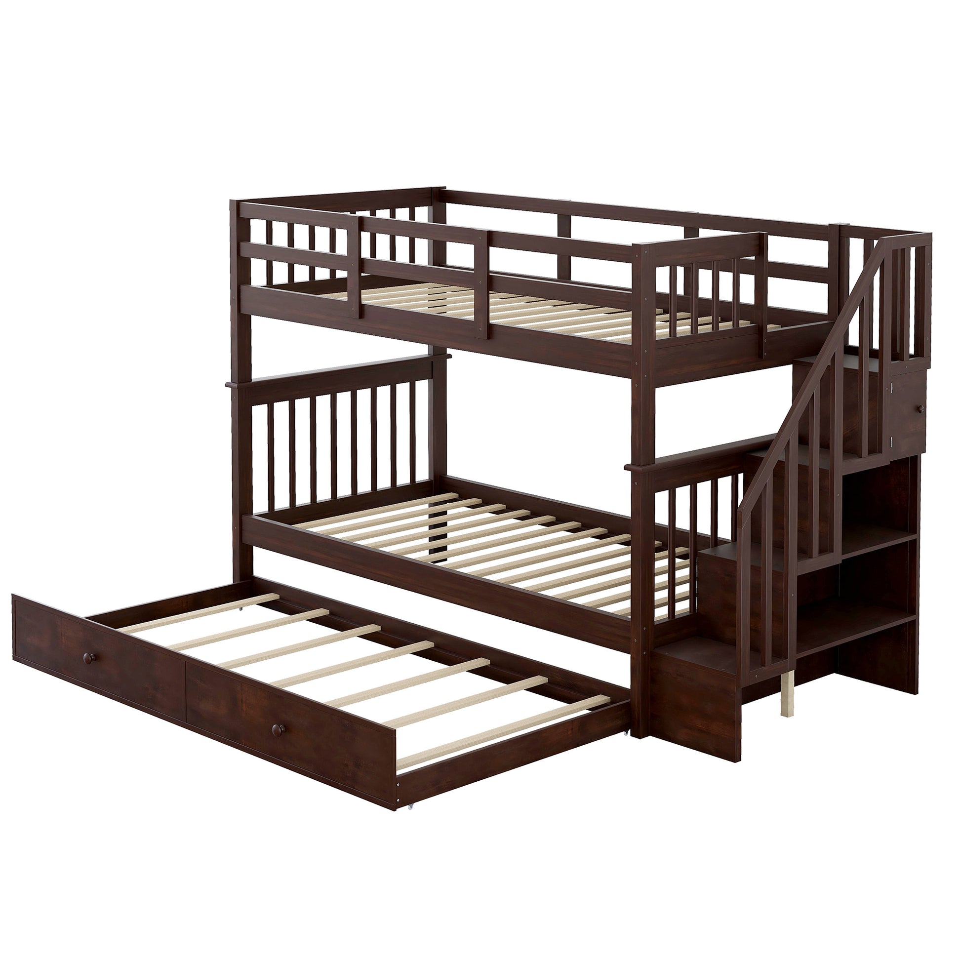 Dark brown wooden triple bunk bed with stairs and trundle