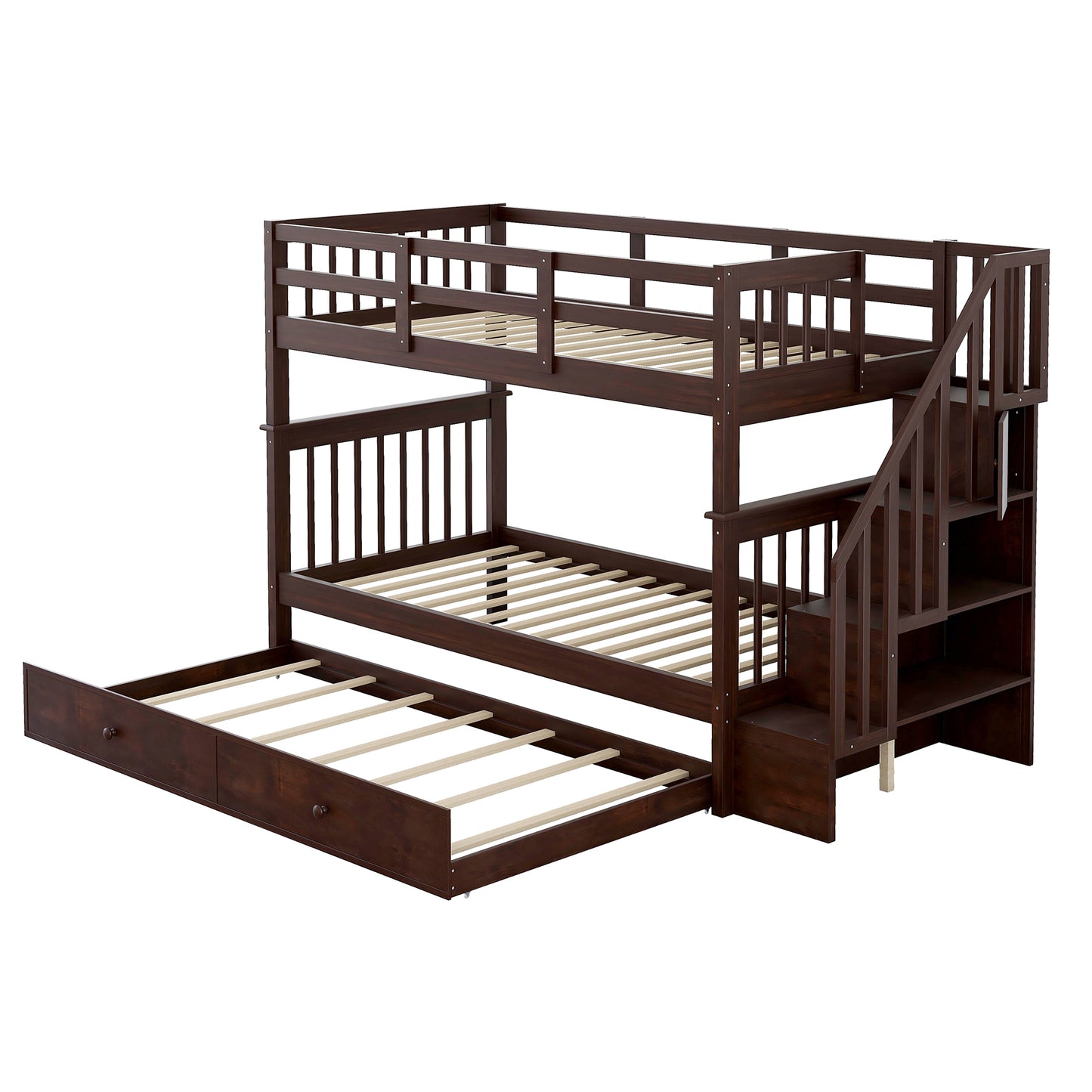 Dark brown wooden bunk bed with stairs and pullout trundle