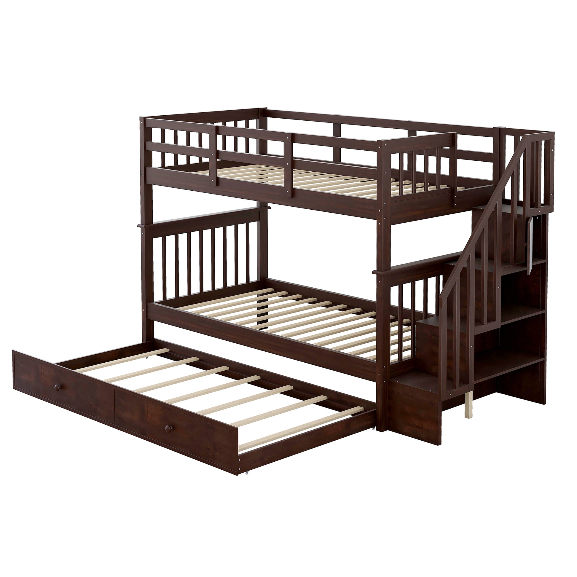 Dark brown wooden bunk bed with stairs and pullout trundle