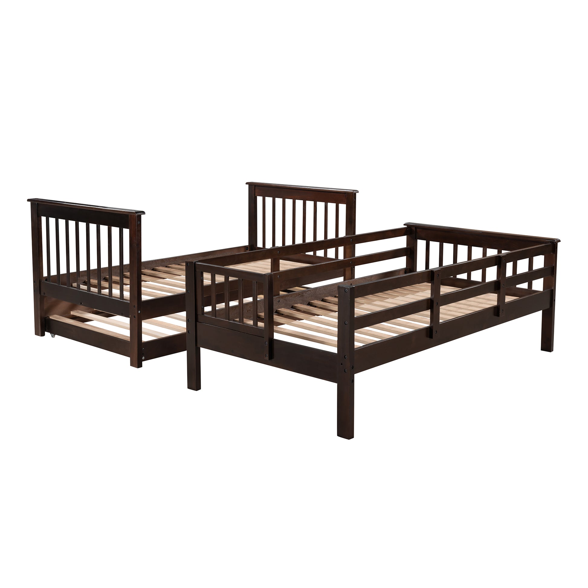 Dark brown wooden bunk bed with guardrails for kids