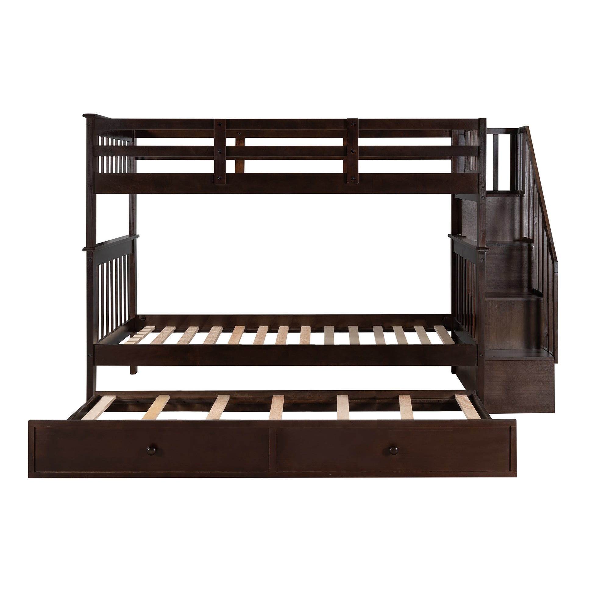 Dark brown wooden triple bunk bed with stairs and drawers