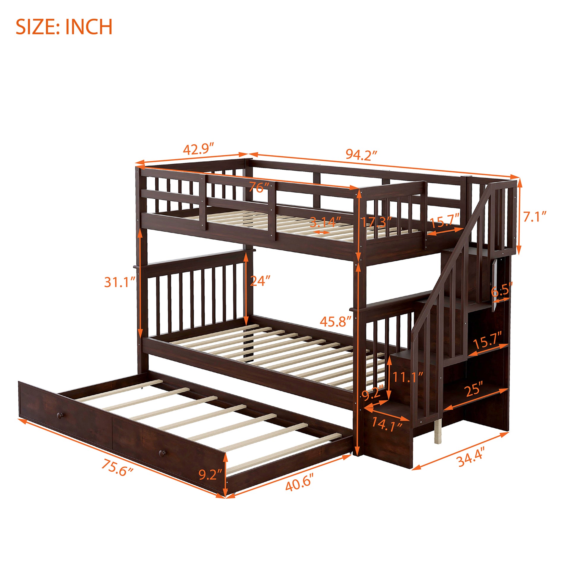 Dark brown wooden triple bunk bed with stairs and pullout trundle for kids
