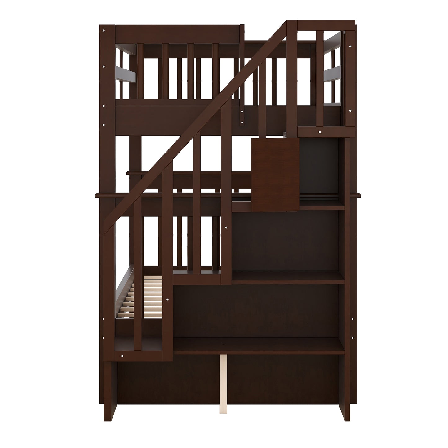 Dark wood loft bed with stairs and integrated shelves