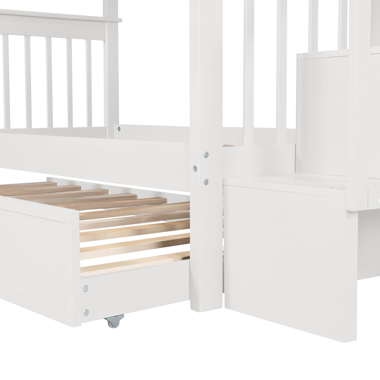 White wooden twin bunk bed frame with pullout drawer