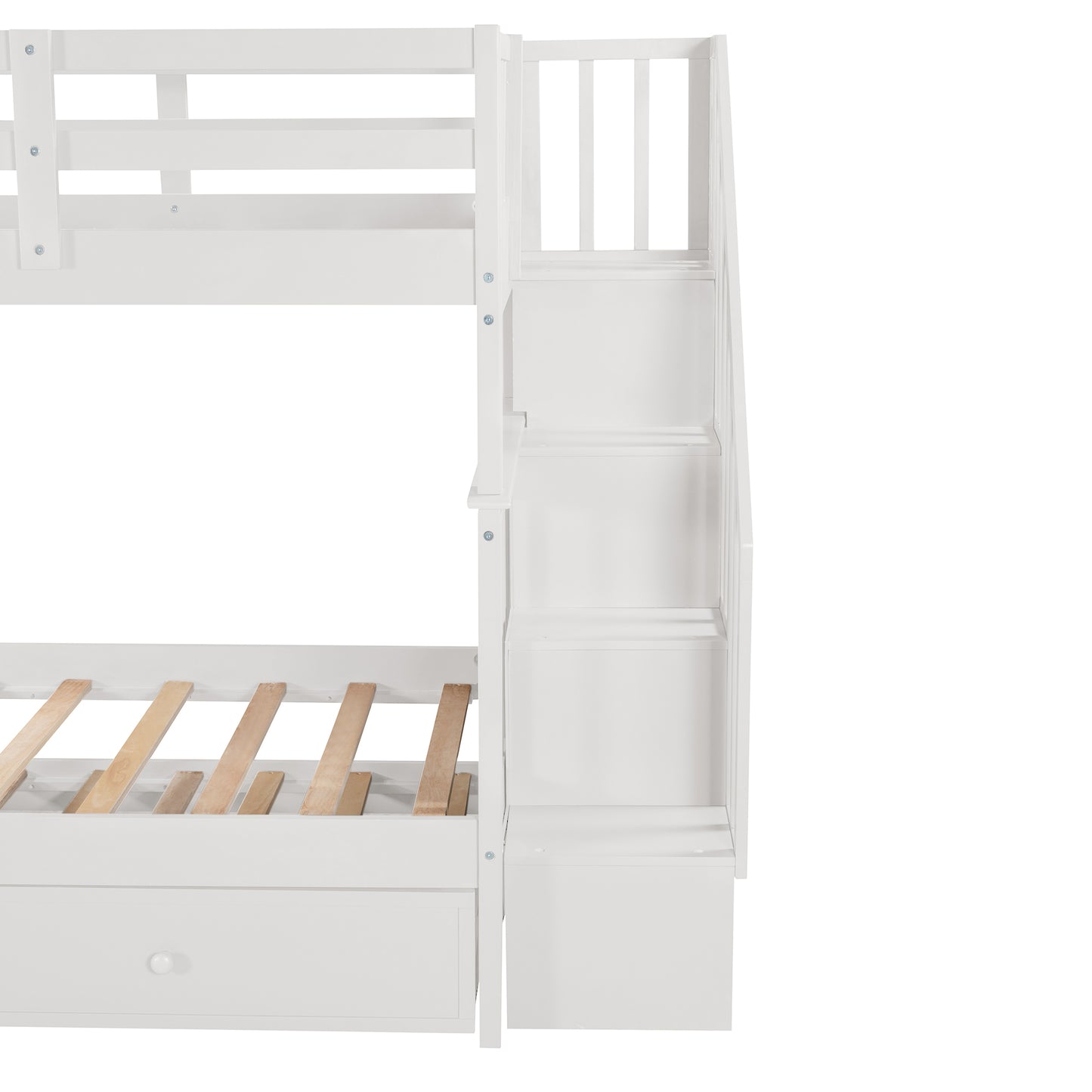 White wooden bunk bed with storage stairs and drawer