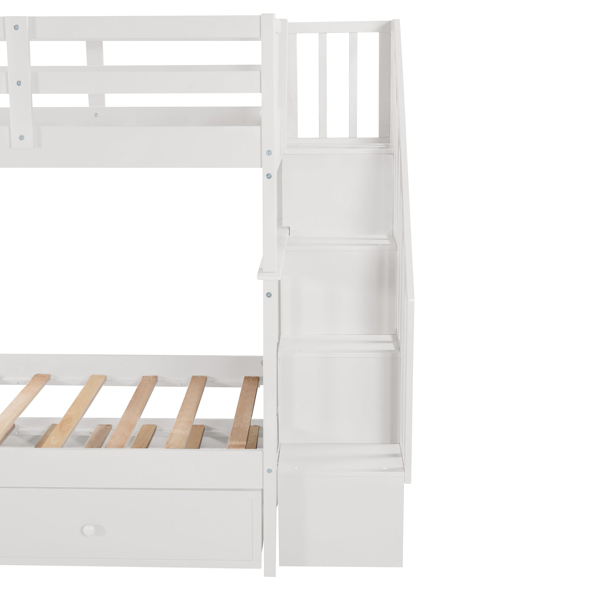 White wooden bunk bed with storage stairs and drawer