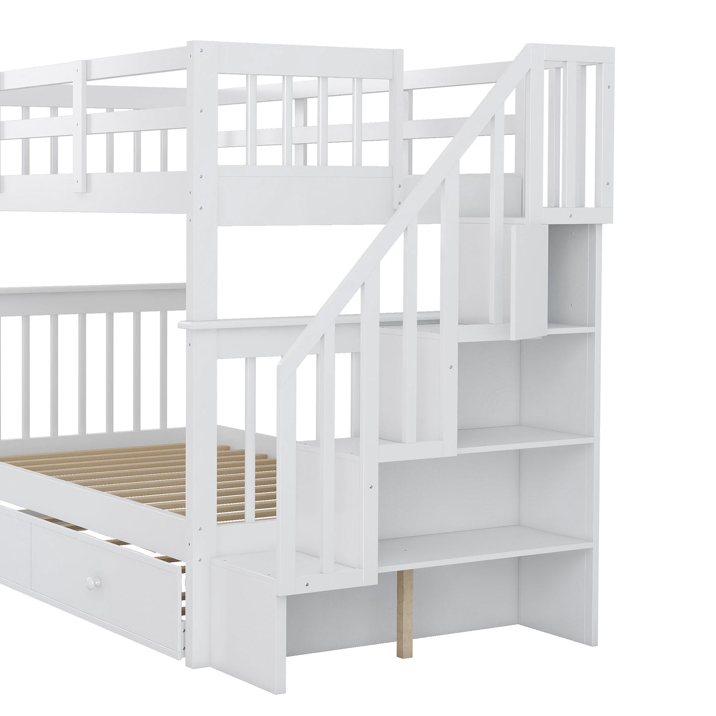 White wooden bunk bed with stairs and storage drawers for children
