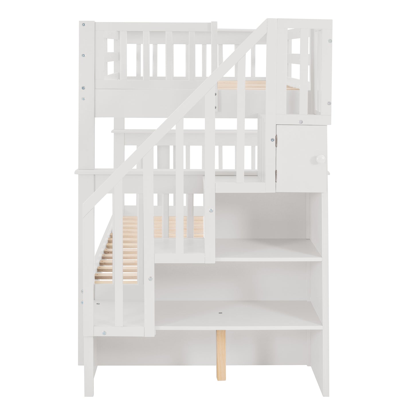 White wooden bunk bed with integrated storage shelves and stairs