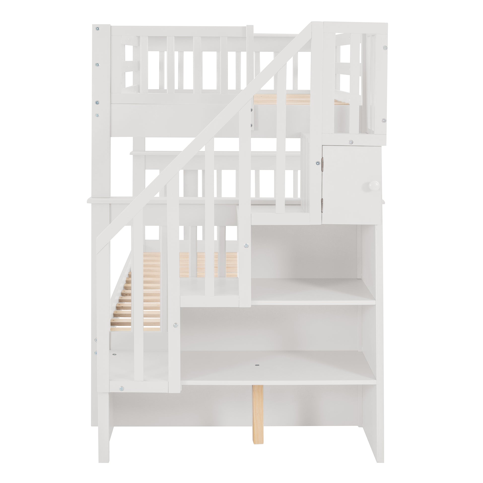 White wooden bunk bed with integrated storage shelves and stairs