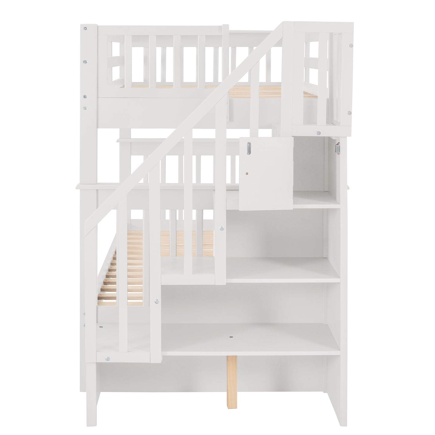 White wooden bunk bed with stairs and builtin shelves